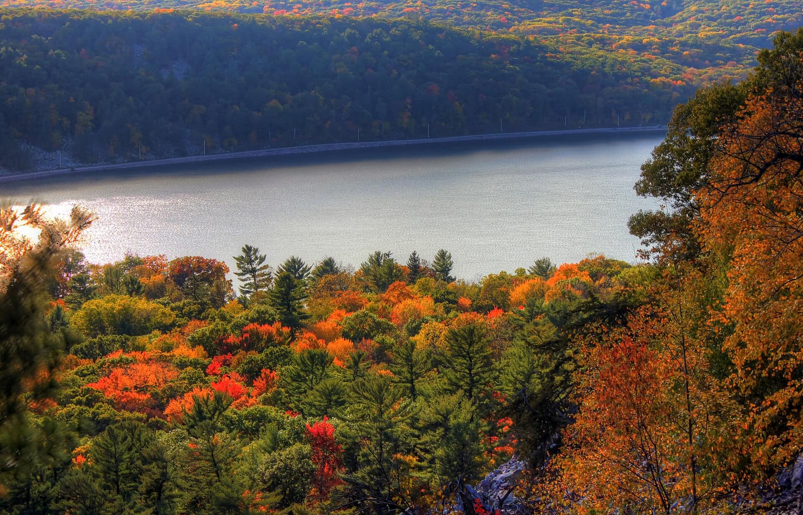 View of Devil's Lake and autumn forest from the East Bluff trail in Devil's Lake State Park, Wisconsin