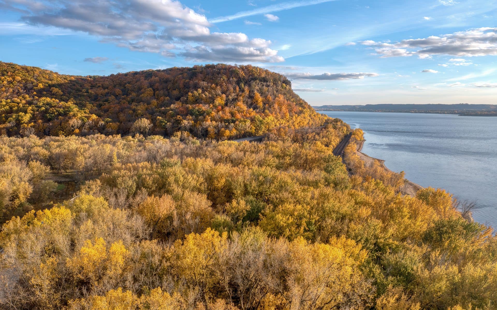 Mississippi River and forested bluffs viewed from Grandad Bluff overlook in La Crosse, Wisconsin, on the Great River Road